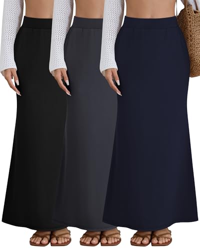 Riyiper 3 Pack Women's Maxi Skirts with Pockets Flowy Elastic High Waist Ankle Length Cotton Long Comfy Casual Dress Fall