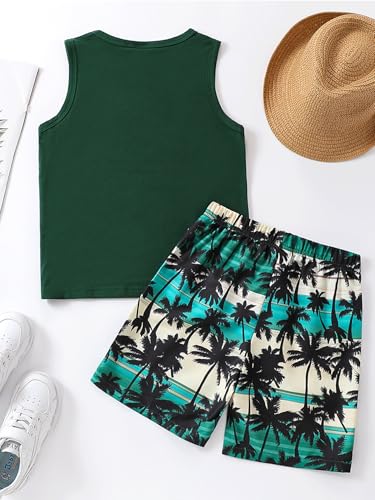 Image of GORGLITTER Boy's 2 Piece Summer Outfit Tropical Print Crewneck Tank Top Hawaiian Shorts Set Summer Beach Clothes Army Green 9-10Y