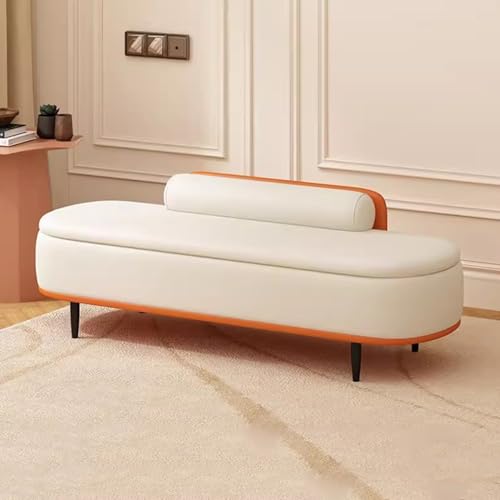 Banc de Rangement à Chaussures, Ottoman Moderne avec Coussin Lombaire, Repose-Pieds en Similicuir pour Salon, entrée, boîte de Rangement, siège de Bout de lit (Beige + Orange 80 cm