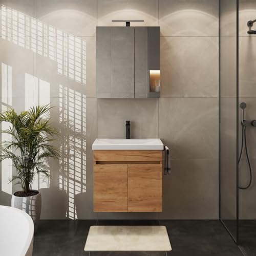 Planetmöbel Waschbecken mit Unterschrank inkl. Keramikwaschbecken 63 x 60 x 36,5 cm, Spiegelschrank 60 cm mit LED-Leuchte (schwarz matt) & Steckdose, modernes Badmöbel Set, Gold Eiche