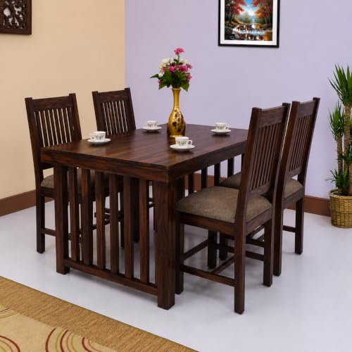 Image of 6 Seater Solid Wood Dining Table Set with 6 Cushioned Chairs | Walnut Finish Dining Set for Home & Kitchen | Modern Wooden Dining Furniture