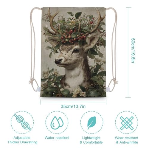 Christmas Deer with Holly Crown Vintage Drawstring Backpack Canvas String Bag Lightweight Sports Gym Bag for Men Women2