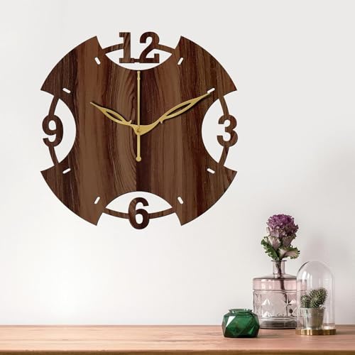 Image of SKYVILLA 12 Inch Wooden MDF Brown Analog Wall Clock with English Numerals | Silent Quartz Movement | Lightweight Without Glass Design for Home Living.