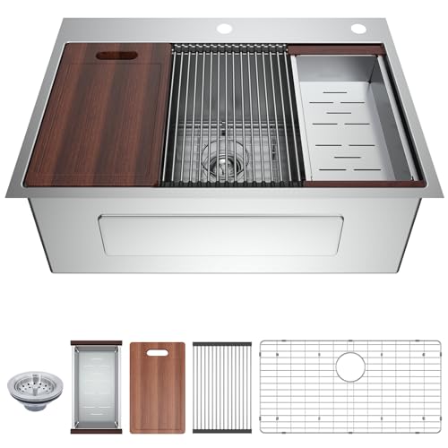 33-inch Undermount Kitchen Sink Workstation - 33x22 Inch Drop In Sink Workstation T304 18 Gauge Stainless Steel Single Bowl Kitchen Sinks with Accessories, Handmade Basin, 9 Inch Deep