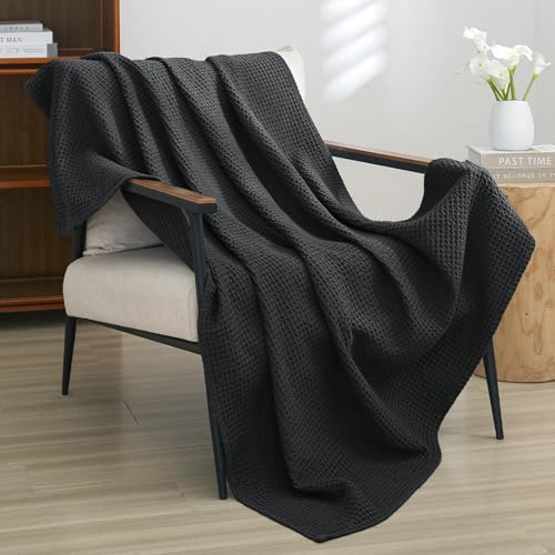 Image of PHF 100% Cotton Waffle Weave Throw Blanket 50 inch x 60 inch - Lightweight Washed Soft Breathable for Adults and Kids - Perfect Layer for Couch Bed Sofa - Elegant Home Decoration Gift - Black