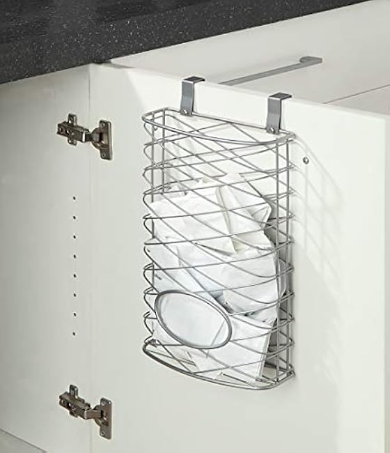 SunnyPoint Over Cabinet Kitchen Storage Organizer Holder or Basket - Hang Over Cabinet Doors in Kitchen/Pantry - Holds up to 50 Plastic Shopping Bags (SILVER)
