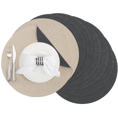 Banchif Textile Burlap Linen Placemats Dual-Sided Placemats Set of 8 Place Mats Non-Slip Washable Table Mats for Dining Table (Round, Grey-Beige)