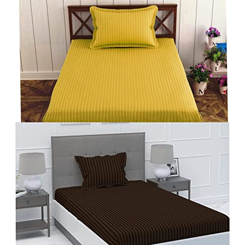 Image of Prime Collection 285 TC Combo Pack of 2 Single Sized (90x60) Satin Striped Bedsheet with 2 Pillow Cover Long Lasting Single Bedsheet for Hotel, Hospital and Home Use