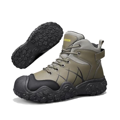 Men's Leather Outdoor Platform Hiking Boots Comfort Breathable Anti-Collision Lug Sole Trail Ankle Boots Lightweight Non Slip Hunting Trekking Boots