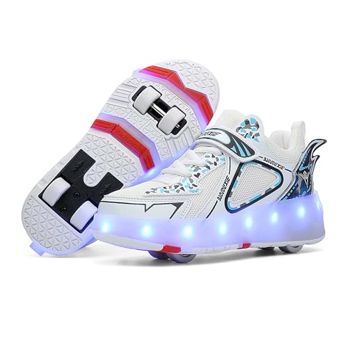 KSYVUCRD Kids Comfortable Breathable Low Top Hook and Loop Closed LED Roller Skating Shoes Wear Resistant, Durable Roller Skating Shoes New Year Gift White