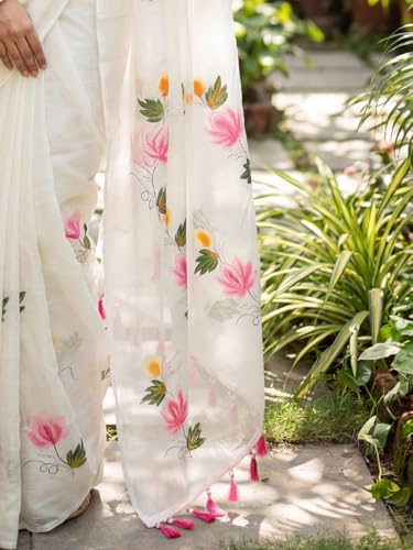 Image of AKHILAM Women's Cotton Saree with White Daisy Floral Prints Tassel Pallu Lightweight Summer Saree
