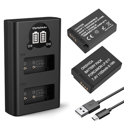 Onshida LP-E17 Baterías y Cargador para la cámara, 2 Pack de Repuesto 1100mAh, Juego de Cargador Micro USB y USB C Port para Canon EOS M3 M5 M6 200D 77D 750D 760D 800D 8000D Kuss X8i Rebel T6i T6s