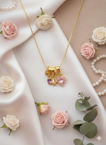 Image of Anti Tarnish Pendant Necklace for Women | Gold Plated Multi Stone Locket| 3 Stone Heart Charm Necklace