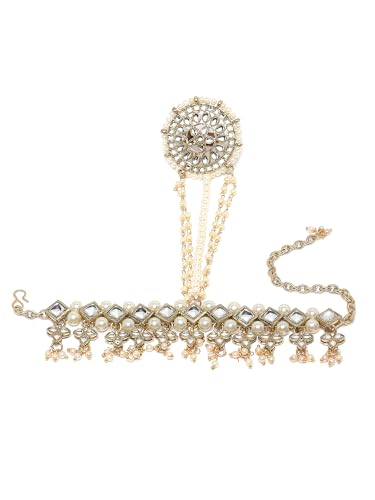 Image of Karatcart Gold Plated Baby Pink Pearl Chain Kundan Hathphool