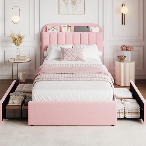 GarveeHome Twin XL Bed Frame with Storage Headboard, Girls Bed Frame with 2 Drawers, Boucle Upholstered Platform Bed with Bookcase, No Box Spring Needed, Easy Assembly, Pink