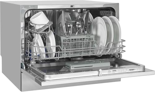 Exquisit® Lavavajillas 55Cm, Clase F, Color Plateado, 6 Servicios y 7 Programas, Inicio Diferido 24H, Botón de Pausa, Programa Corto de 30 Minutos, Consumo 61 kWh/100ciclos, Medidas 43,8x55x50 Cm.