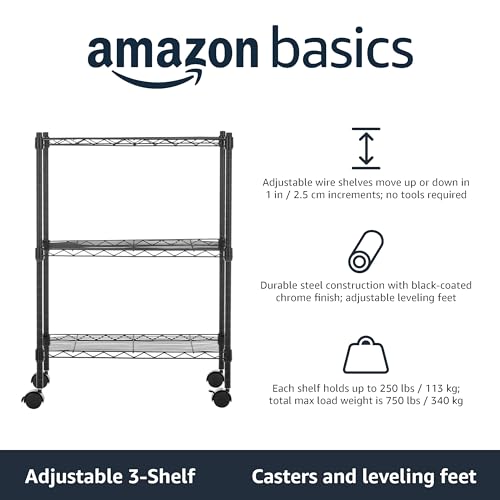 Amazon Basics 3-Shelf Narrow Storage Unit On Wheels With Height Adjustable Shelves and Levelling Feet, 340 kg Max Weight, Black, 34 cm D x 58.9 cm W x 83.2 cm H - Image 5