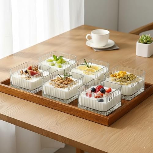 Image of Glassbunny Glass Bowl Set of 6 Clear Serving Bowls for Snacks, Ice Cream, Salads Elegant Glass Tableware for Kitchen & Dining, Square Dessert Bowls Transparent Striped 350ML