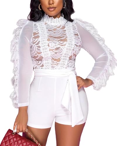 MKQW Women Summer Sexy Bodycon Jumpsuit Long Sleeve Ruffle Mesh See Short Club cocktail Rompers White XL