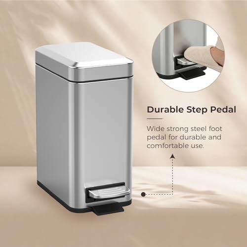 Image of Sineng Bathroom Trash Can with Lid Soft Close, 1.6 Gallon Stainless Steel Small Pedal Garbage Can with Removable Inner Bucket, Waste Bin for Kitchen Bedroom, Compact Toilet Trash bin