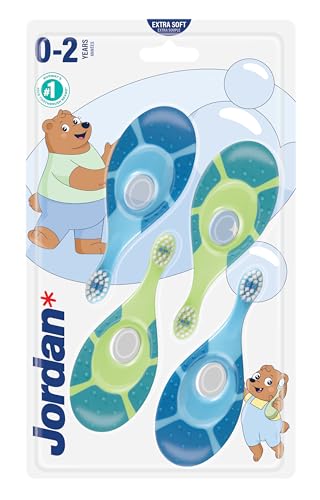 Jordan ® | Step 1 Baby Zahnbürste | Baby Zahnbürste 0-2 Jahre | Die Original Kleinkindzahnbürste mit extra weichen Borsten und weichem Beißring für Babygummis und Easy Grip | Blau und Grün | 4-pack