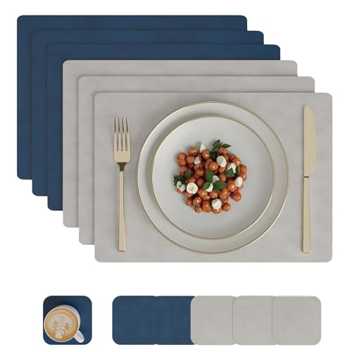 Image of Encasa XO Leather Dining Table Mat Set of 6 + 6 Coasters, 42x30 & 9 cm | Water & Heat Resistant Double-Layer Dining Table Mats | Wipeable & Durable Grey & Blue Placemats for Dining Table