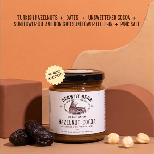 Image of Brawny Bear Chocolate Hazelnut Spread with 45% Hazelnuts, 100% Natural Sweetened with Dates, Healthy Nut Butter with No Added Sugar, No Palm Oil, No Preservative, Vegan Spread - 200 gm