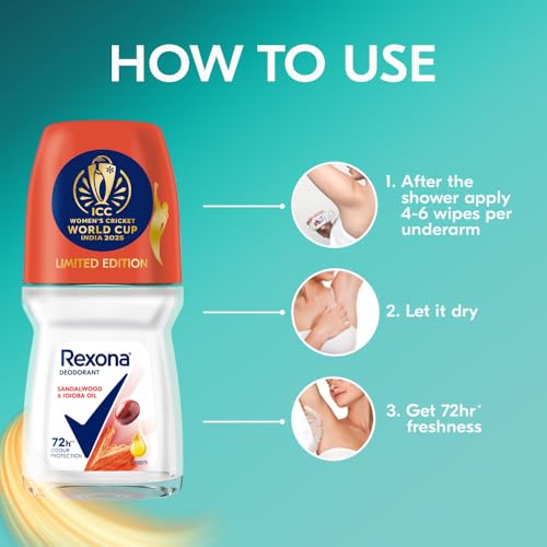 Image of Rexona Sandalwood & Jojoba Oil Antiperspirant Roll-On | for Women | 12-HSA & Glycerin |72H Odour Protection | No White Marks | Limited Edition Pack - ICC Women's Cricket World Cup India 2025 |50 ML