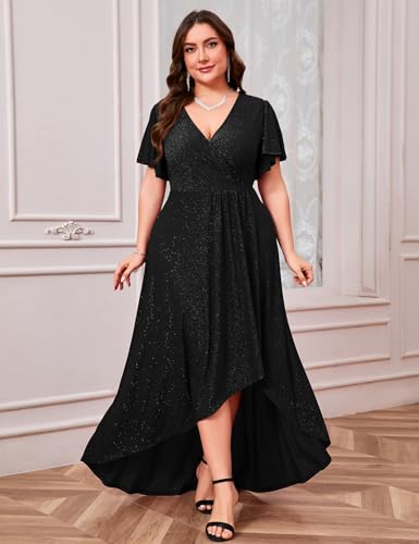 ZOMVA Plus Size 1X-4X Sparkly Glitter Formal Maxi A Line Dress Sparkle Wrap Ruffle Sleeve Prom Dresses Cocktail Evening Gown4