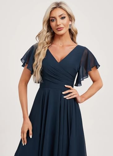 Asymmetrical V Neck Ruched Chiffon Bridesmaid Dresses Short for Women Flutter Sleeve Formal Party Gowns with Pockets4