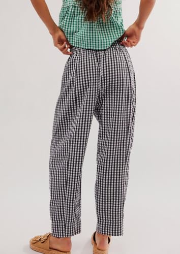 Women's Striped Gingham Pants Wide Leg Capri Pants Mid Rise Cotton Plaid Lounge Trousers with Pockets3