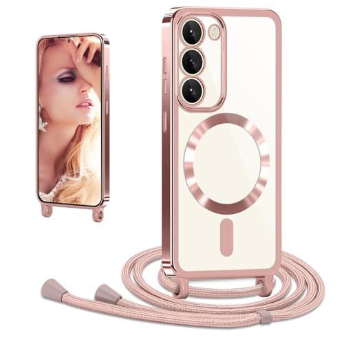 CaseLover Magnetische Handyband für Samsung Galaxy S20 FE 4G/5G Hülle mit Band Klare Silikon Necklace Handyhülle mit Kordel zum Umhängen Stossfest mit Kameraschutz Bumper Handy Schutzhülle Roségold