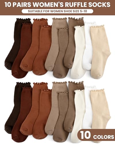 Image of Shihanee 10 Pairs Frilly Socks Women Cute Frilly Turn Cotton Crew Socks Bulk for Women Girls