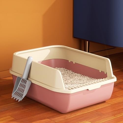 メガトレー猫用 トイレ 本体 大きい猫 大きいトイレ ゆったり広々 飛び散り防止カバー付き 掃除便利 猫トイレ 一体型 飛散防止 長方形 サイズ(約) 幅50×奥32×高21cm (ピンク)