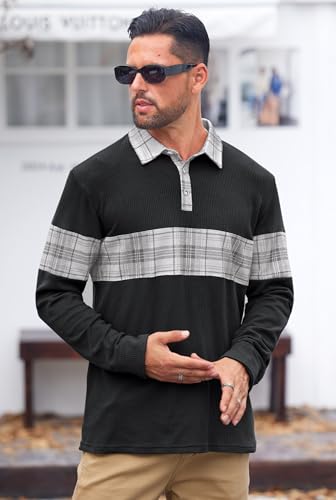 Mens Long Sleeve Polo Shirts Print Casual Vintage Classic Golf Shirt (S-XXL)3