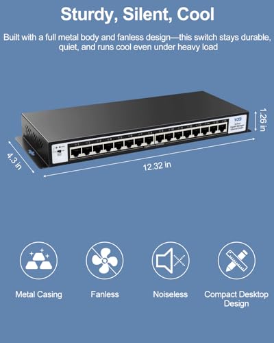 Image of VJB 16 Port Gigabit Ethernet Easy Smart Managed Switch | Metal Housing, Plug & Play, Desktop /Wall Mount, Home Network Hub, Office Ethernet Splitter for NAS, PC