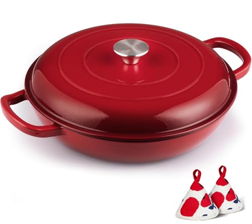 Enameled Cast Iron Dutch Oven - 3.8 Quart Dutch Oven Pot with Lid - Shallow Cookware Braising Pan - Cast iron Casserole with Cookbook & Heat-resistant Caps - Oven Safe up to 500 F (red)