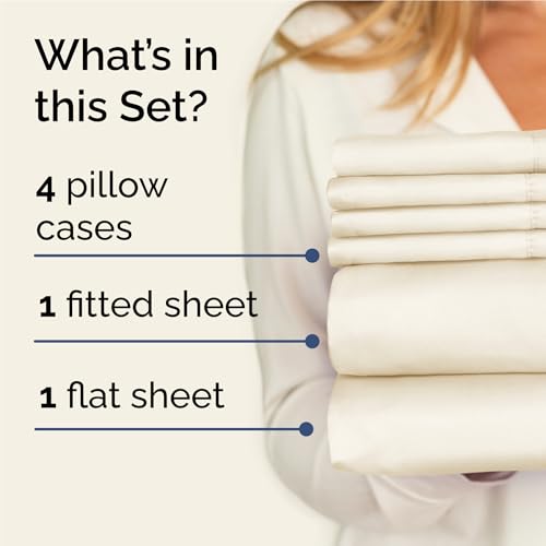 Image of Full 6 Piece Bed Sheet Set - Comfy, Breathable & Cooling Sheets - Off White | Ultra-Soft Hotel Luxury Bedding Set with 8-16 Inch Deep Pockets, 1 Flat & 1 Fitted Sheet & 4 Pillowcases, Wrinkle & Fade Free