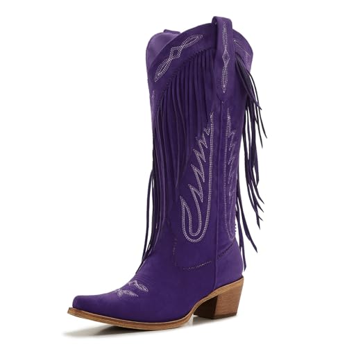 ZXHYZLZ Women's Fringe Western Cowboy Boots – Black Knee High Cowgirl Boots with Embroidery, Low Heel & Suede Look – Festival Rodeo Style