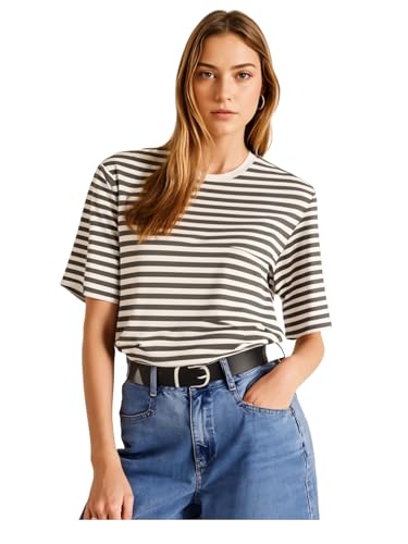 Image of Mack Jonney Oversized | Loose Fit | Half Sleeves 100% Cotton Round Neck Striped T-Shirt for WOMEN-MACK640558