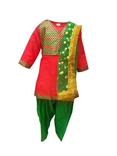 Image of Kaku Fancy Dresses Indian State Punjabi Folk Dance Costume For Kids | Baisakhi /Lohri Festival Dance Costume | Salwar Suit With Dupatta For Girl Costume - Red & Green, 14-17 Years