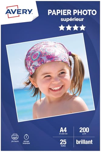 Avery Papier A4 200g/m² Brillant - 25 Feuilles - Papier Photo A4 Brillant- Jet d'Encre, Séchage Instantané, FSC Certifié, Couleurs Éclatantes, Résistant,...