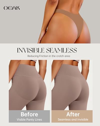 Image of OEAK Seamless Thongs for Women Invisible Thongs No Show Thong Panty Liners Tangas Comfortable Workout G-Strings Underwear Latte M
