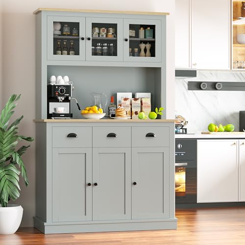 Image of MU 71 inch Kitchen Pantry Cabinet with Charging Station, Tall Pantry Hutch with Drawers, Countertop & Microwave Shelf, Food Storage Cabinet for Dining Room & Coffee Bar, Grey