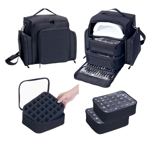 UOZL Nail Polish Organizer Case Holds 60 Bottles Portable Travel Storage Box with 2 Detachable Bags, Designed for Women's Nail Tools, Essential Oils and Cosmetics Sets Black