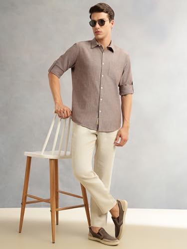 Image of Thomas Scott Men's | Solid | Premium Linen Blend | Spread Collar | Summer Wear | Long Sleeve | Shirts for Men