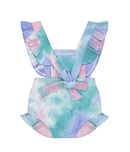 Newborn Baby Girl Romper Tie Dye Bodysuit Toddler Ruffle Sleeveless Jumpsuit Outfit With Headband4