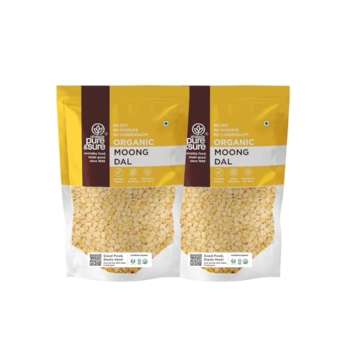 Image of Pure & Sure Organic Yellow Moong Dal (Split) 1Kg | 100% Natural Mung Dal Chilka | Unpolished | Vegan, Gluten-Free, Non GMO | Chemical Free & Pesticides Free| Patented Steam Sterilized| 500gm each (Pack of 2)