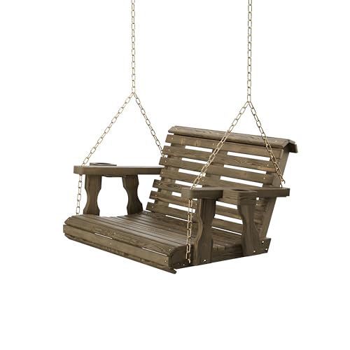 Image of Amish Casual Heavy Duty 700 Lb Capacity Porch Swing with Cupholders (3 Foot, Dark Walnut Stain) - Wooden Outdoor Roll Back Swing with Hanging Chains - Amish Made in the USA