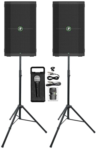 Audiosavings Bundle: Mackie Thump210XT 1400w Powered DJ PA Speaker Bundle with (2) Rockville RVSS3 V2 Tripod Push Button DJ PA Speaker Stands, Rockville RMC-XLR Handheld Wired Microphone (5 Items)